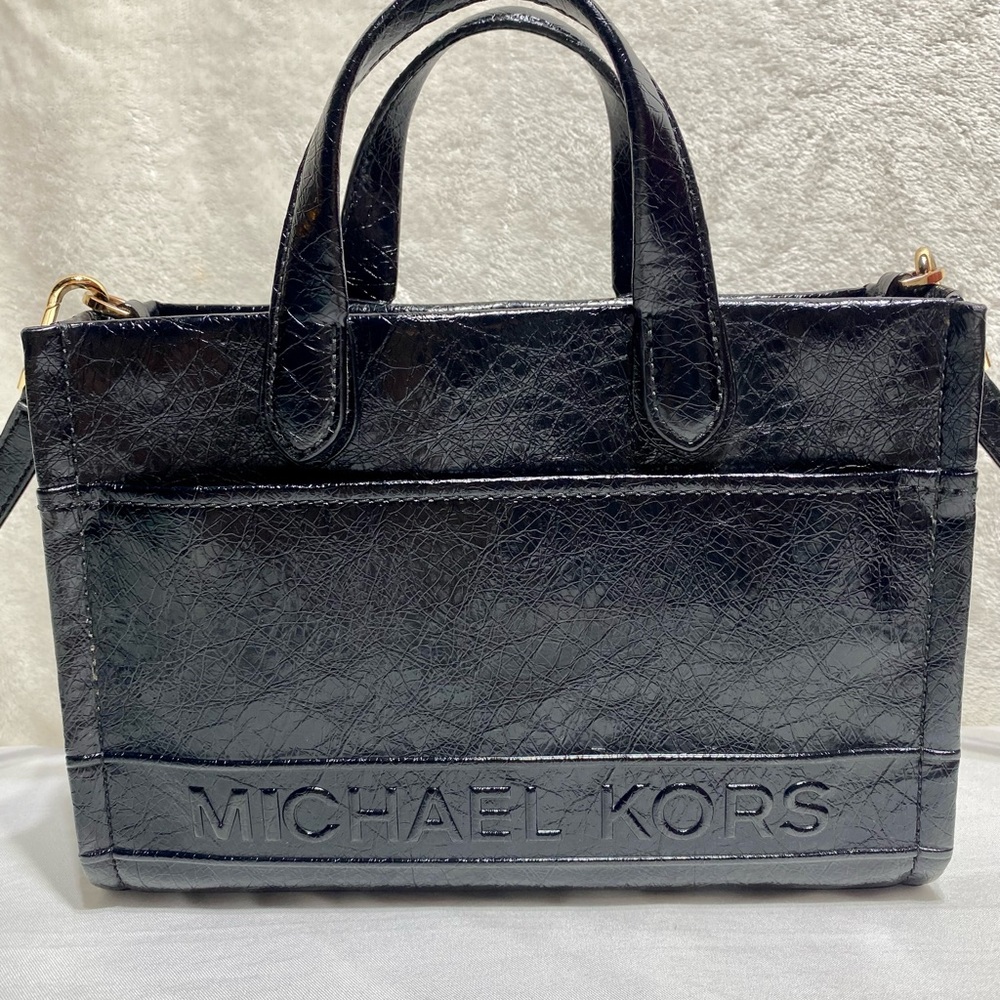MICHAEL KORS Small Black Leather Tote Logo Handbag Gold Hardware Fall Classic - Picture 2 of 16